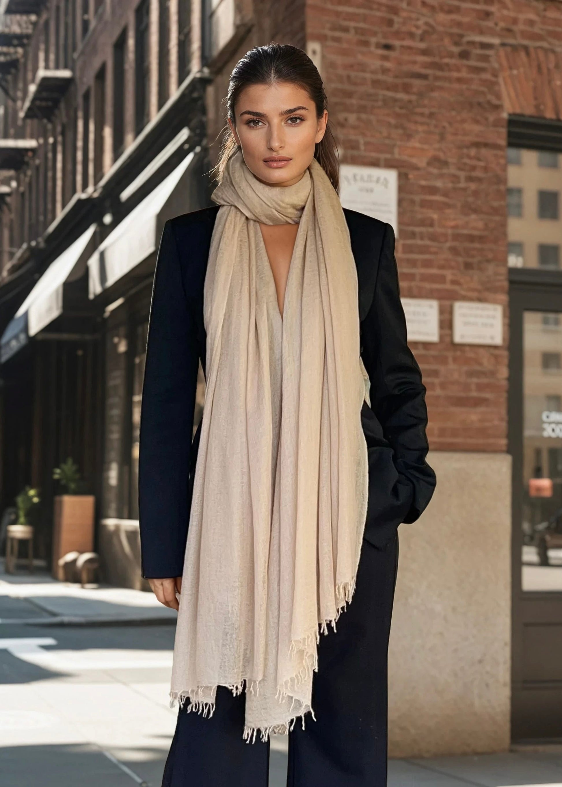 Woman wearing a beige extra large cashmere scarf and black suit on a city street.