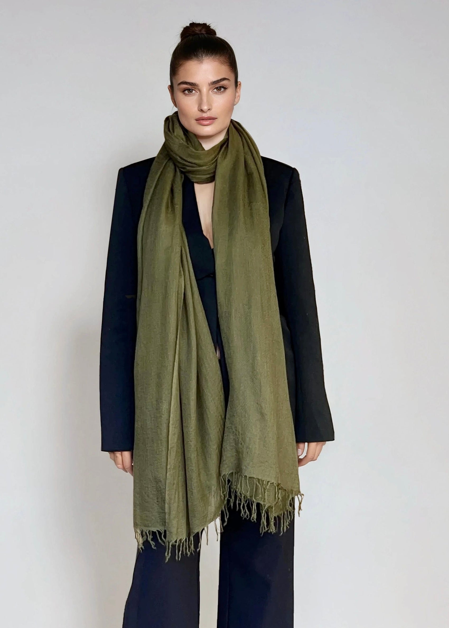 Olive Green Handloom Cashmere Wrap - Luxury Scarf | Cashmere Luxe