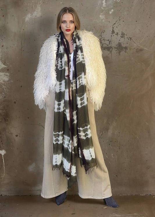Forest Green, Brown & White Cashmere Wrap | Hand-loomed Luxury Scarf