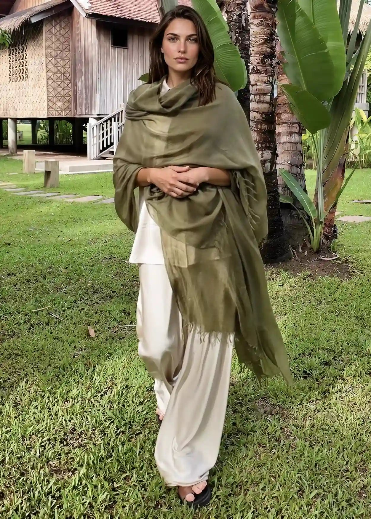 Olive Green Handwoven Cashmere Wrap | 100% Pure Himalayan Cashmere