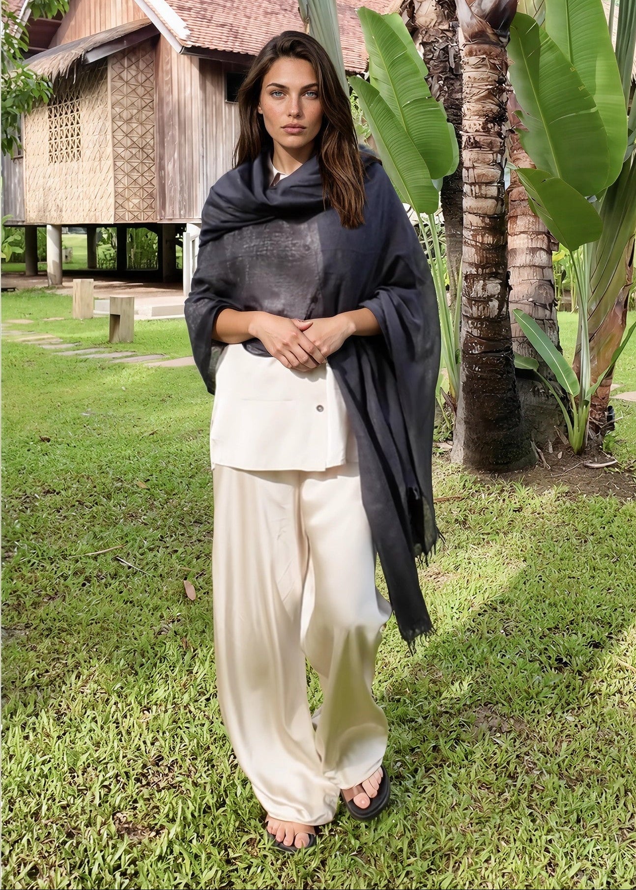 Premium Black Pure Cashmere Wrap - Handwoven Himalayan Luxury Scarf