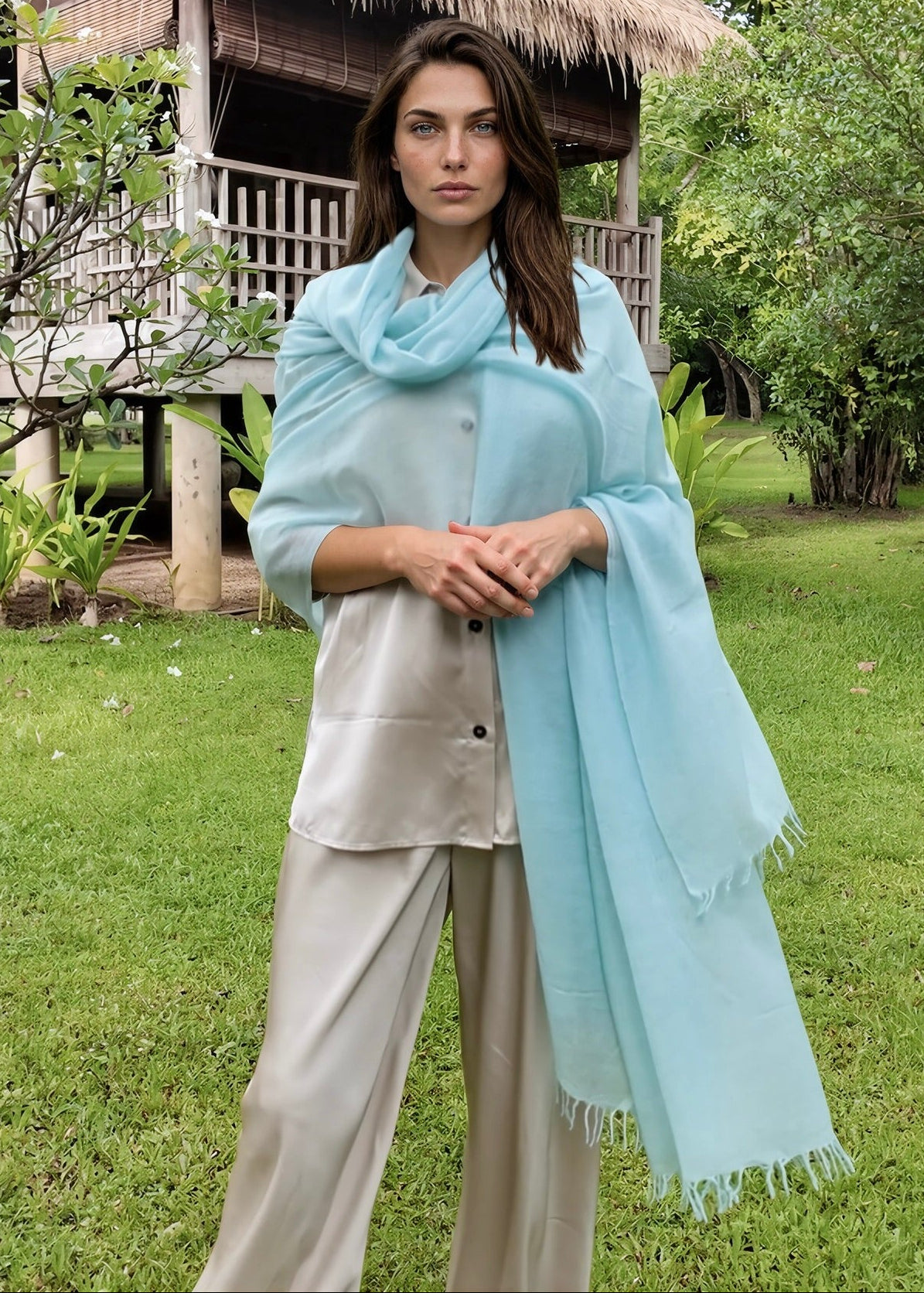 Premium Opal Blue Cashmere Wrap - Handwoven Himalayan Luxury Scarf