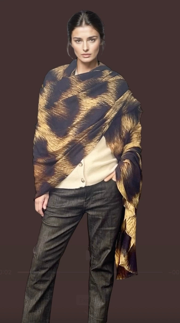 Premium Brown Leopard Travel Wrap - Designer Animal Print Luxury Cashmere