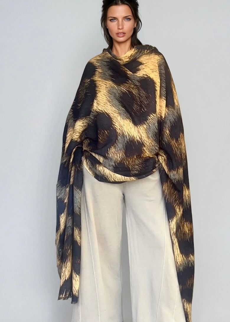 Premium Brown Leopard Travel Wrap - Designer Animal Print Luxury Cashmere