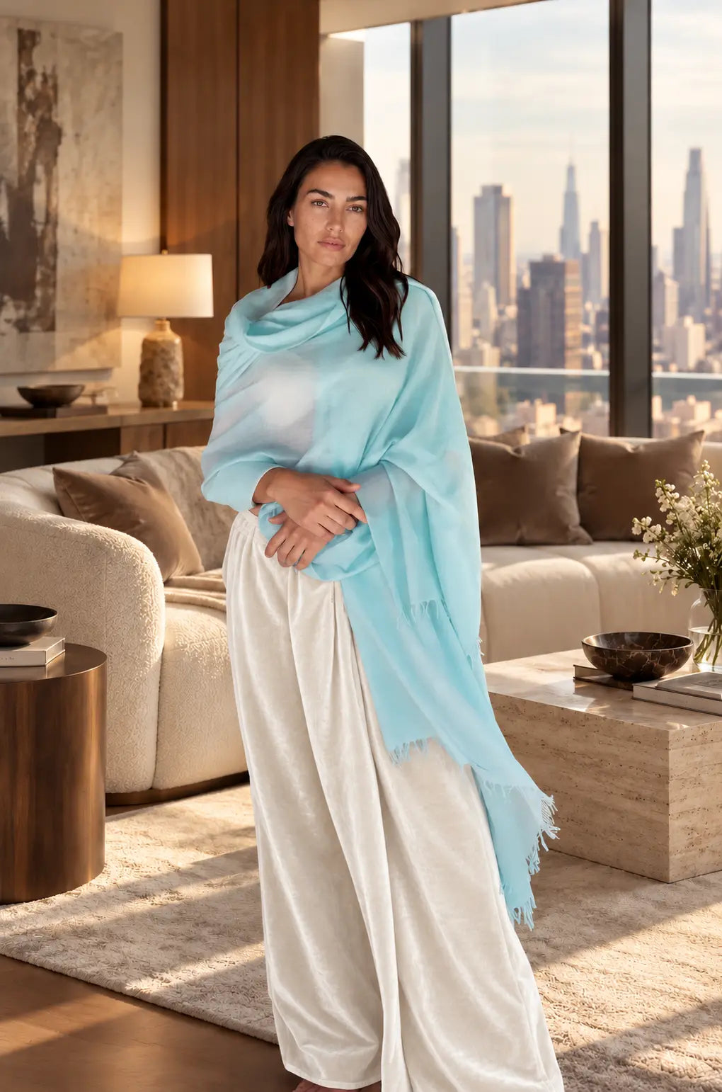 Premium Opal Blue Cashmere Wrap - Handwoven Himalayan Luxury Scarf