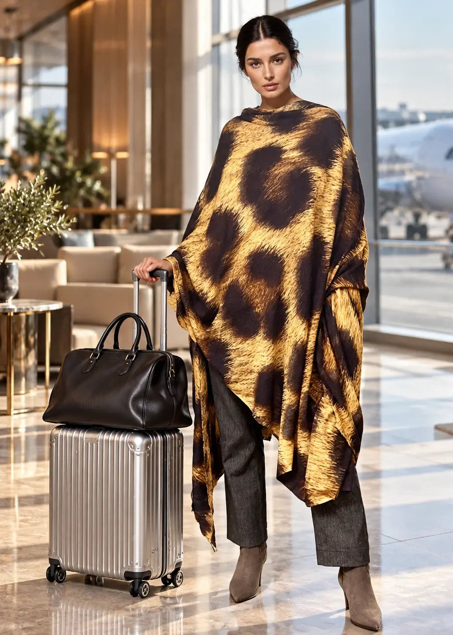 Premium Brown Leopard Travel Wrap - Designer Animal Print Luxury Cashmere