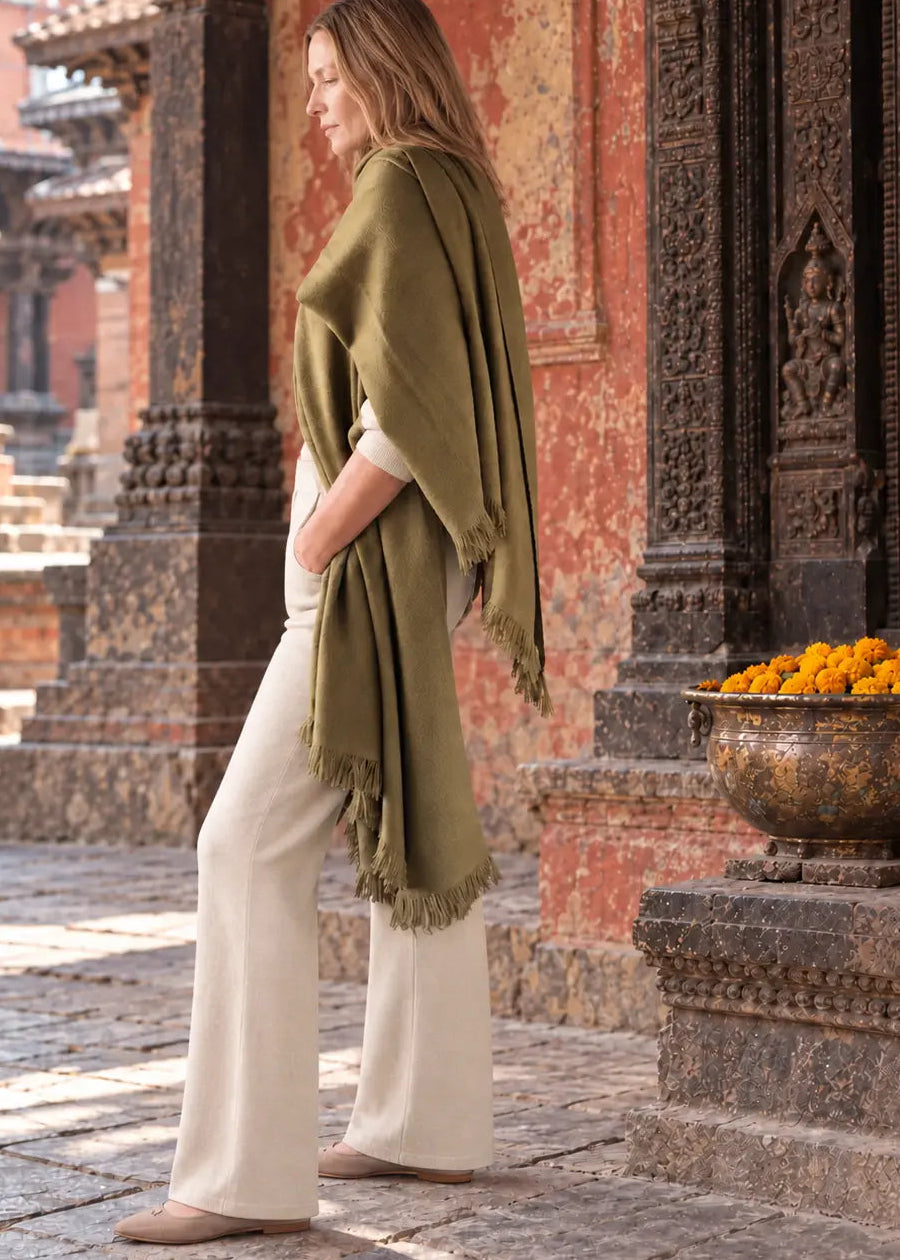 Olive Green Handwoven Pure Cashmere Wrap Heavy Weight