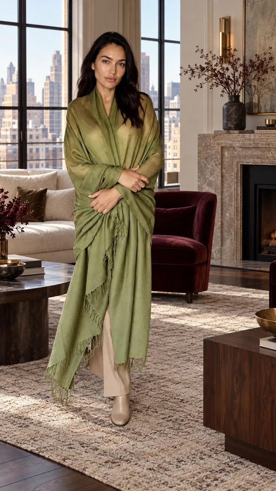 Olive Green Handwoven Cashmere Wrap | 100% Pure Himalayan Cashmere