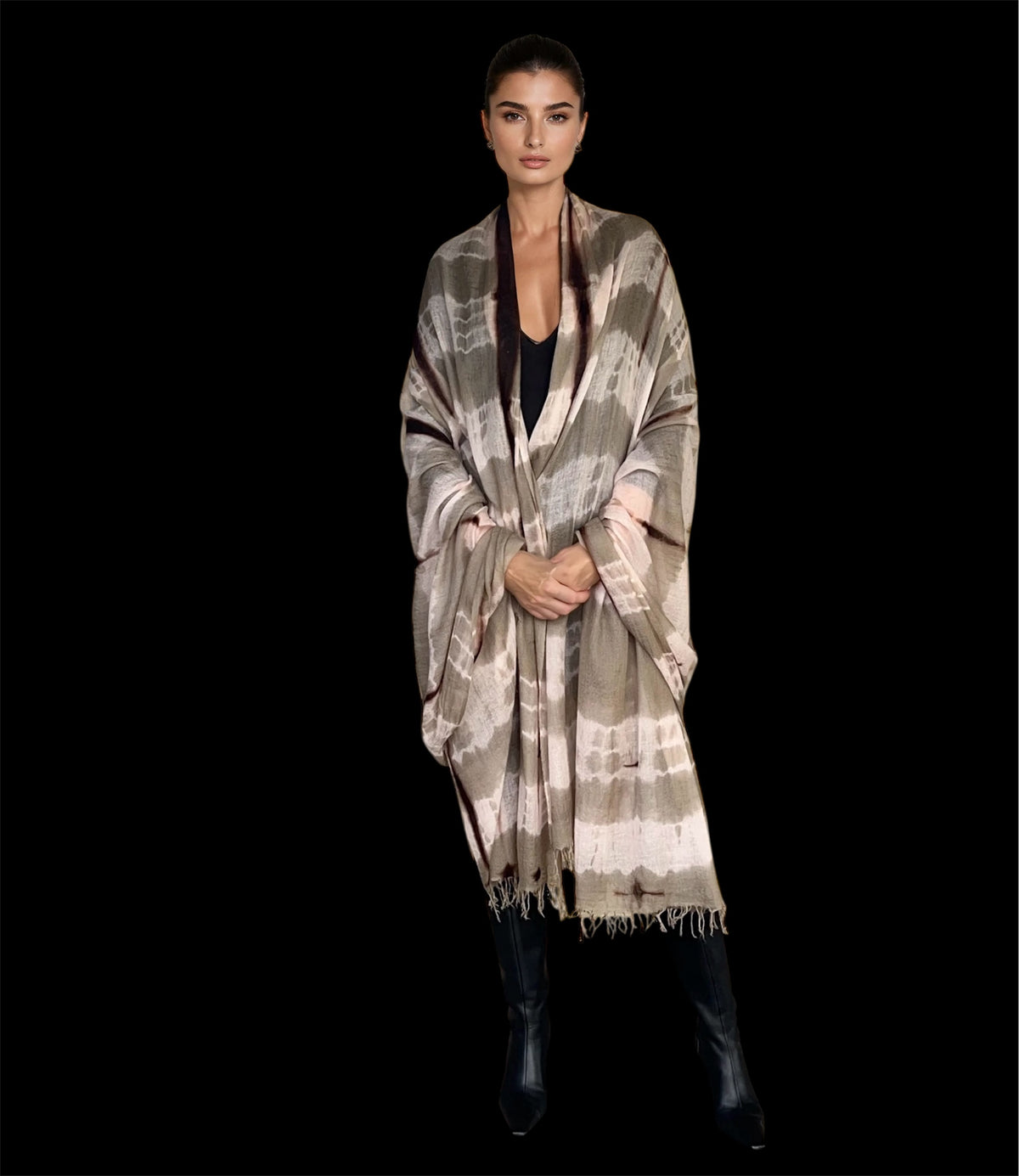 "Woman wearing limited edition hand tie-dyed cashmere wrap in soft pink, taupe and brown showing unique color patterns"