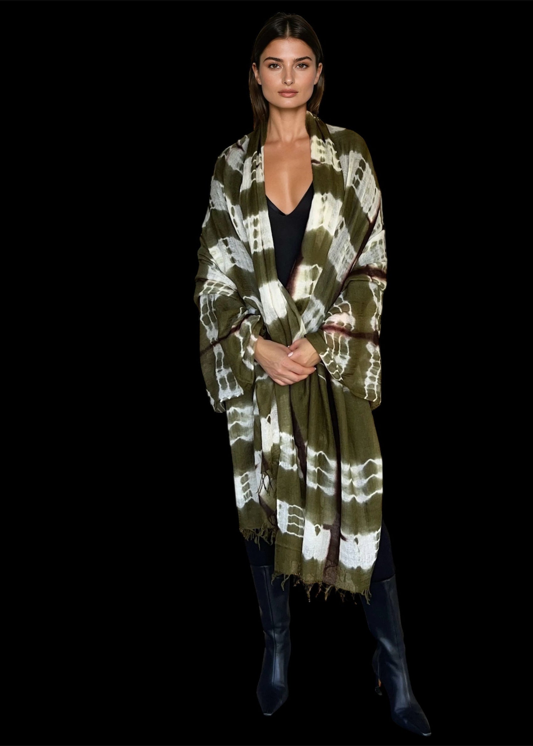 Forest Green, Brown & White Cashmere Wrap | Hand-loomed Luxury Scarf | Limited Edition