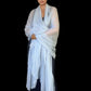 Woman wearing a light blue scarf against a black background