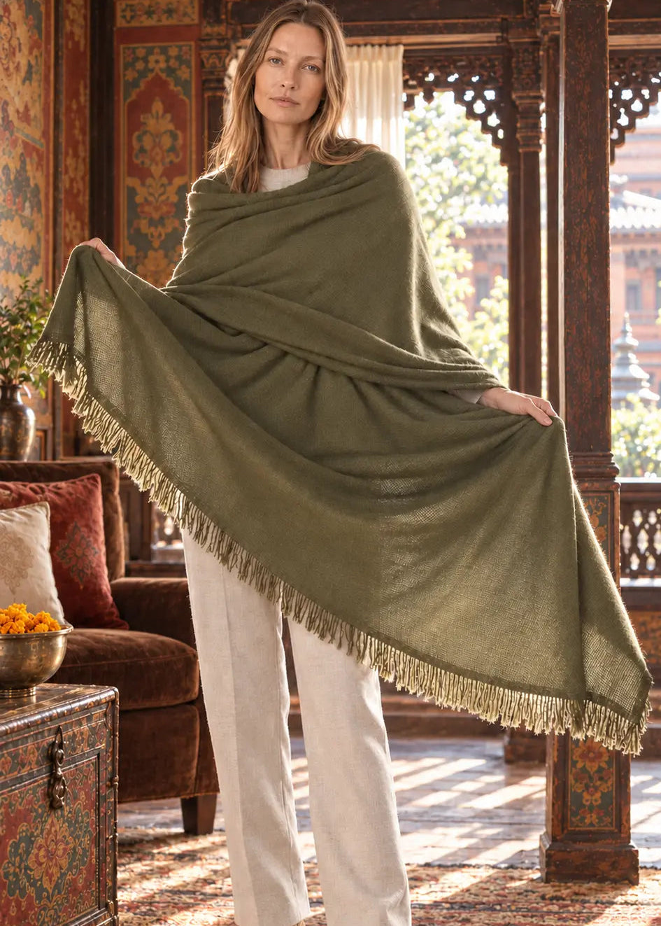 Olive Green Handwoven Pure Cashmere Wrap Heavy Weight