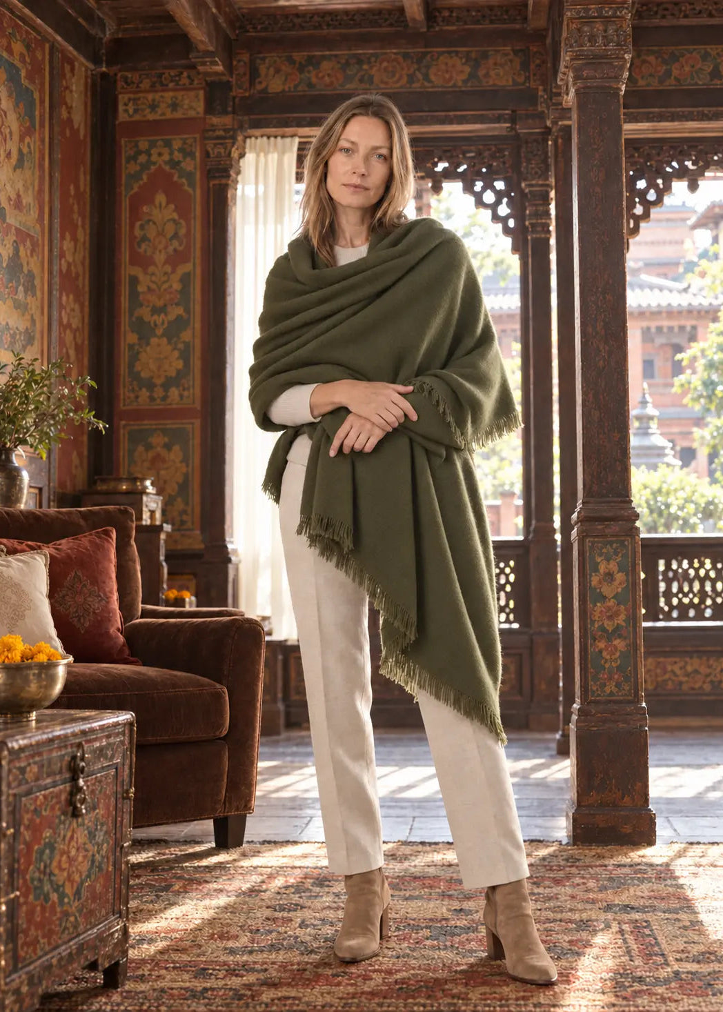 Olive Green Handwoven Pure Cashmere Wrap Heavy Weight
