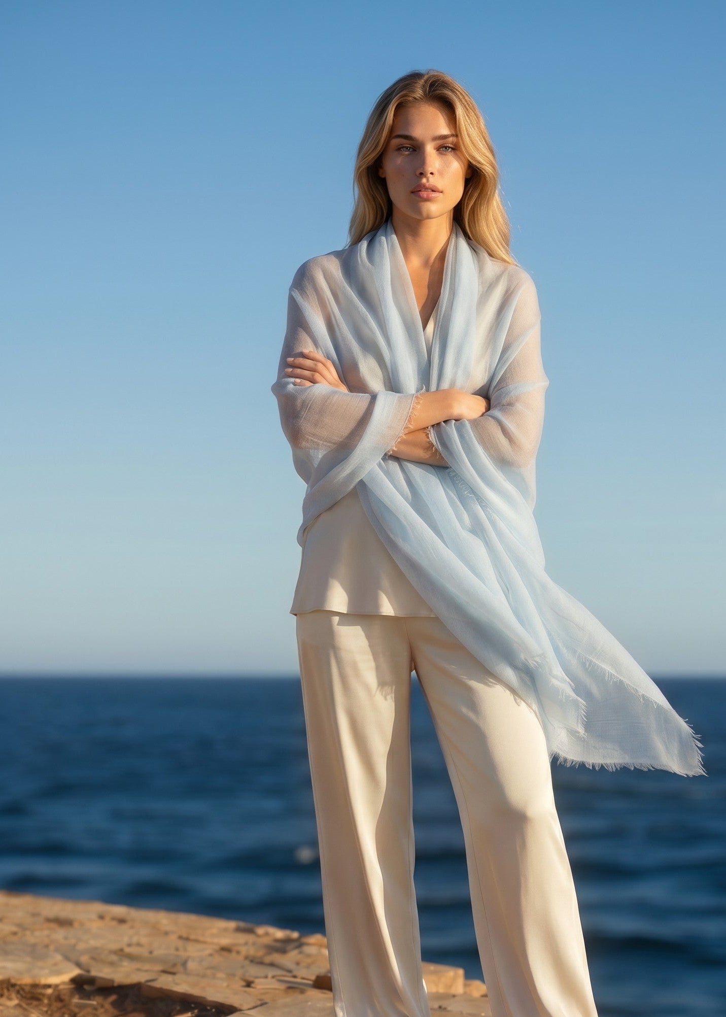 Premium Blue Haze Cashmere Wrap - Luxury Lightweight Designer Shawl