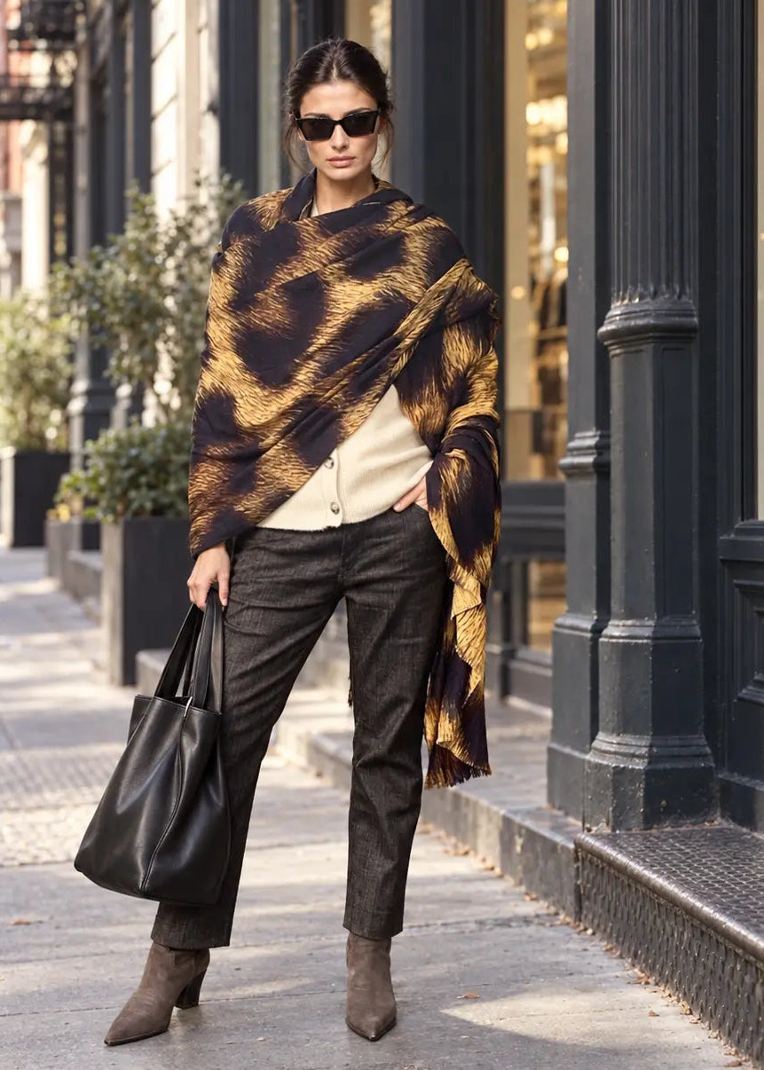 Premium Brown Leopard Travel Wrap - Designer Animal Print Luxury Cashmere