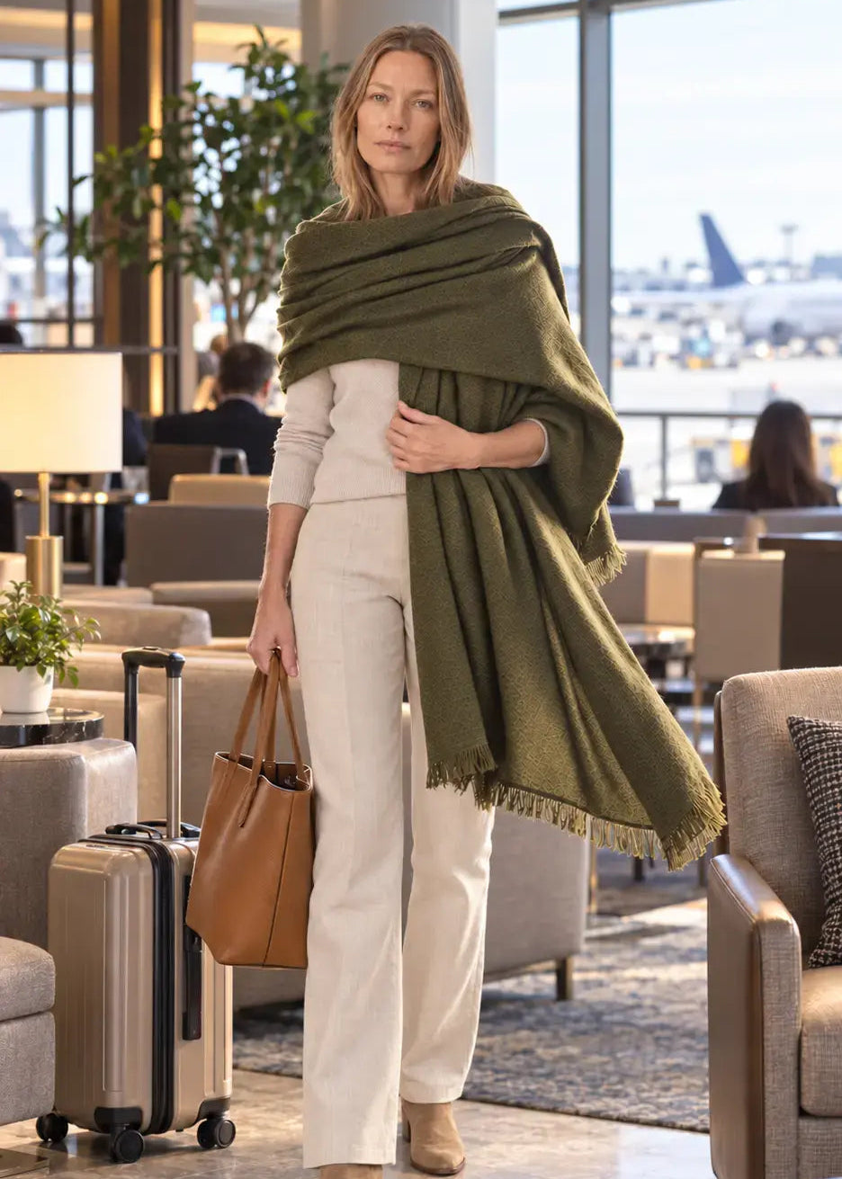 Olive Green Handwoven Pure Cashmere Wrap Heavy Weight