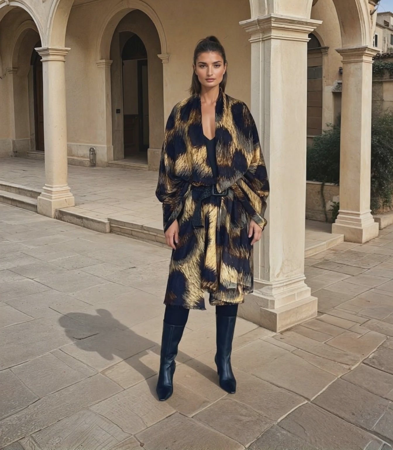 "Woman wearing extra large leopard print cashmere shawl showing luxury animal print styling"

