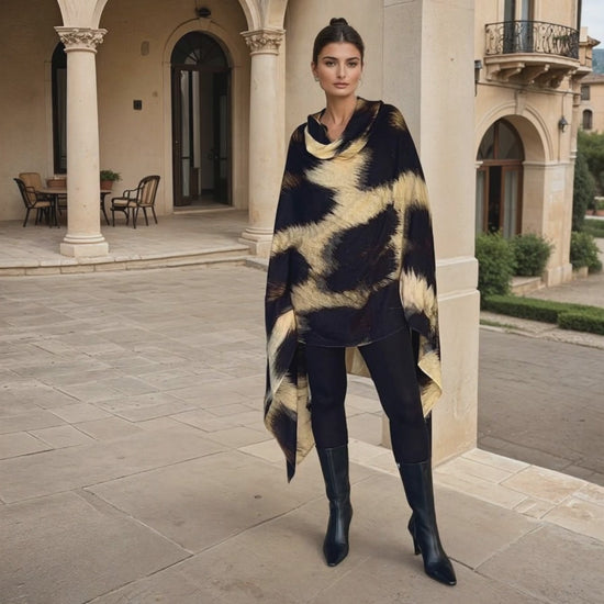 "Woman wearing extra large cashmere wool wrap with snake print pattern showing luxury snow leopard print design"
