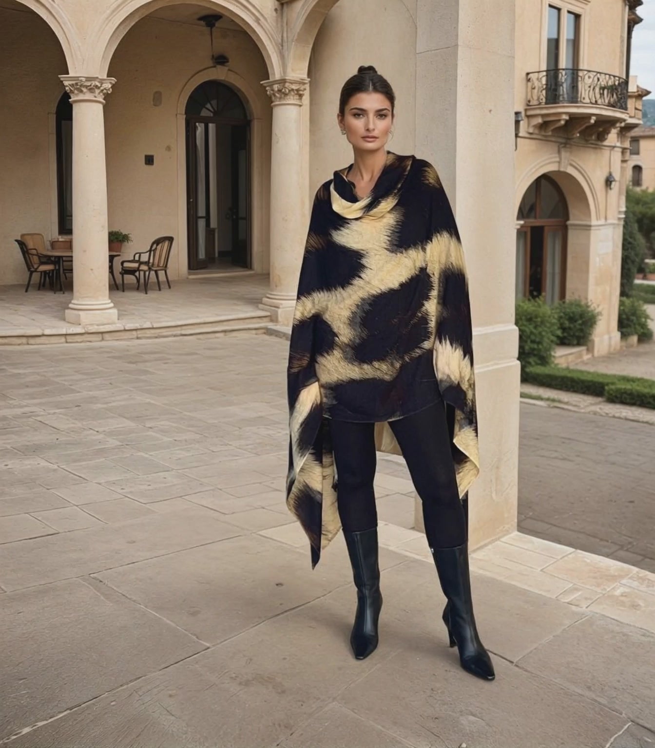 "Woman wearing extra large cashmere wool wrap with snake print pattern showing luxury snow leopard print design"