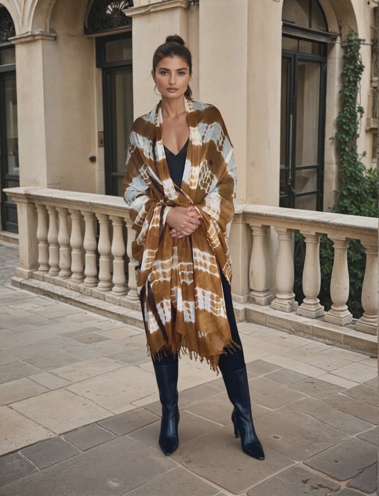 Image of woman wearing limited edition , extra large, hand tie-dyed cashmere wrap in bronze, white and brown showing unique color patterns"