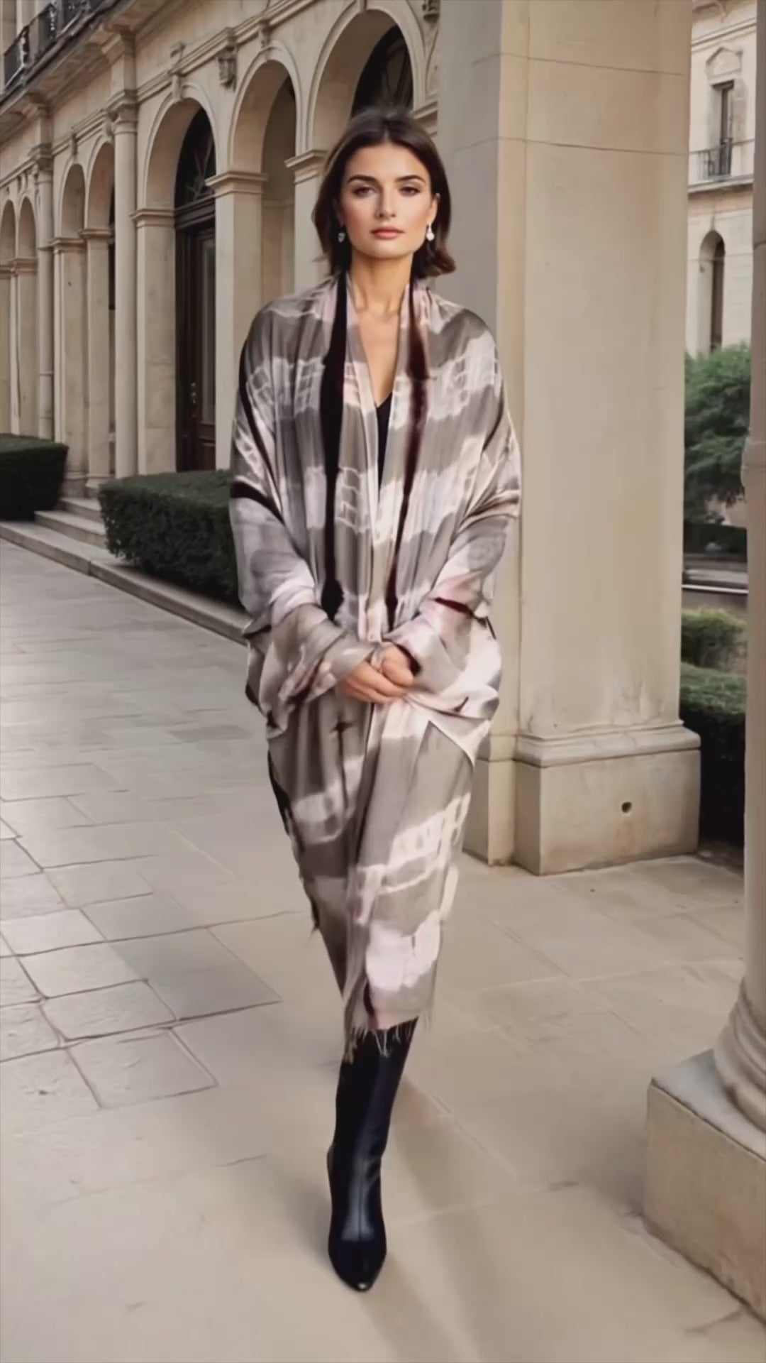 Video "Woman wearing limited edition hand tie-dyed extra large cashmere wrap in soft pink, taupe and brown showing unique color patterns"