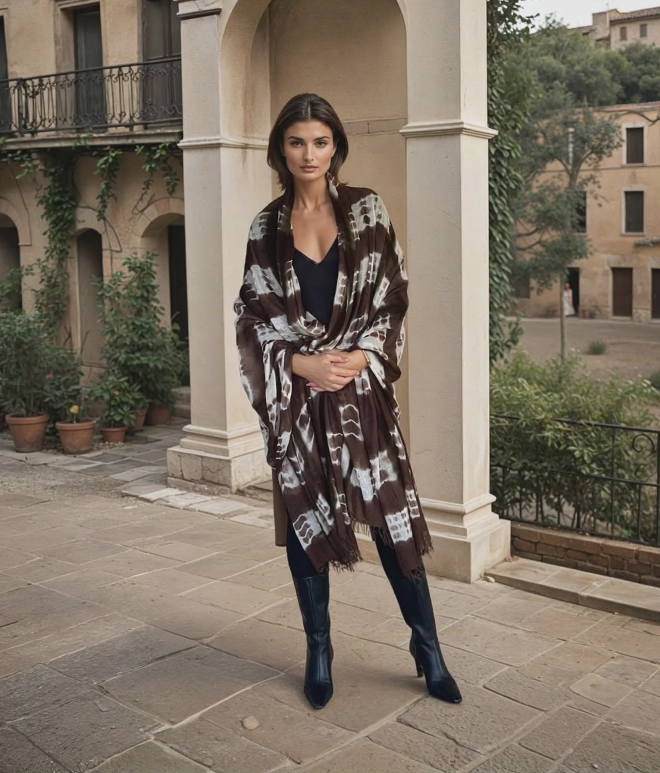 "Woman wearing limited edition hand tie-dyed, extra large cashmere shawl in earth brown ,white and a touch of forest green showing unique color patterns"